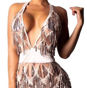 Deep V halter see through sequin birthday dress